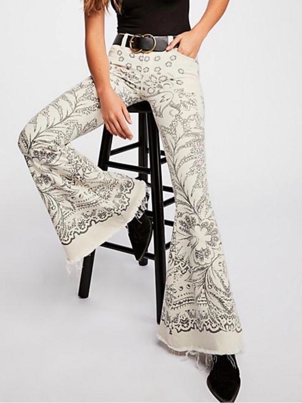 Free People Bali Cream Printed Super Flare Jeans Boho Retro Bell Bottoms 27
